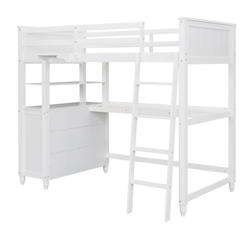 Lit mezzanine avec tiroirs et bureau, lit mezzanine en bois avec tablettes, Lit simple, Blanc