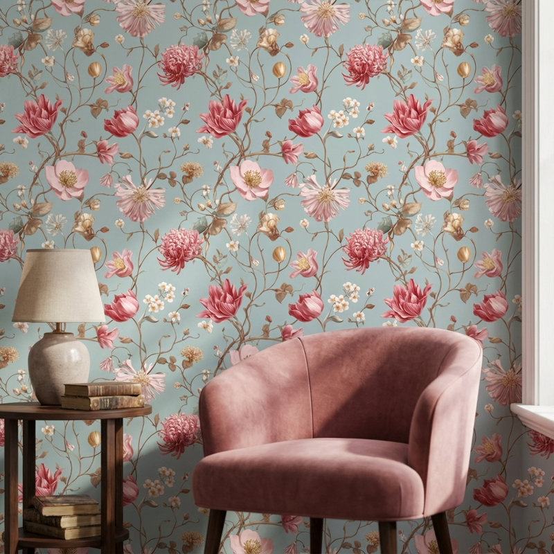 Papier peint floral, élégante murale rétro