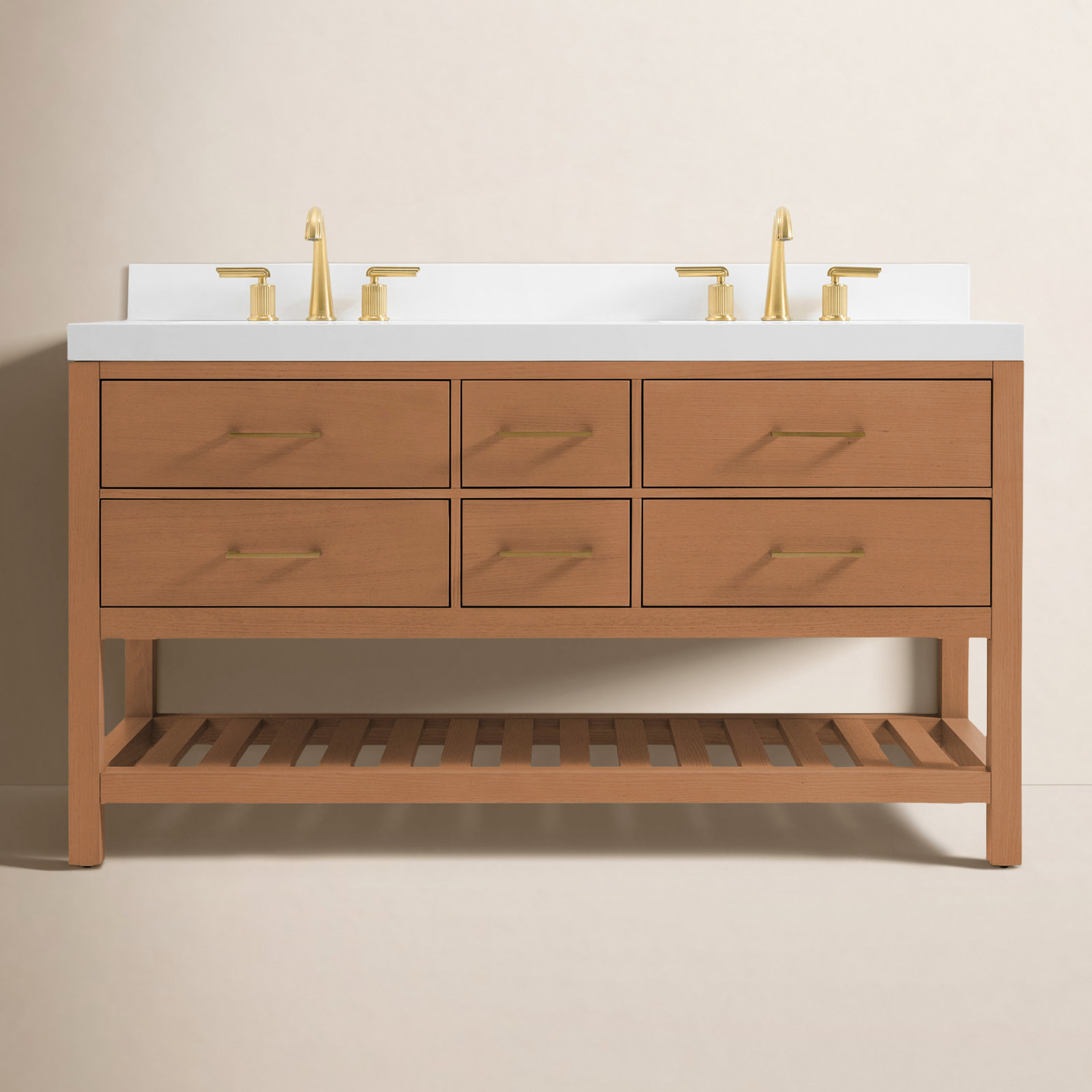 Carrie 60'' Double Bathroom Vanity, Sienna/Rose Gold, Pure White Quartz