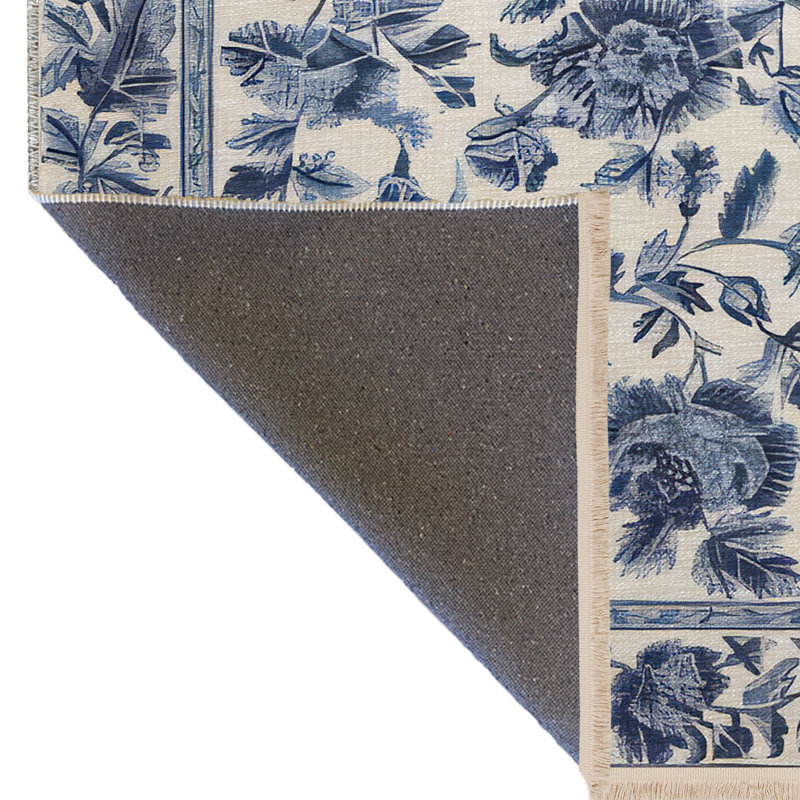 Tapis décoratif moderne à motif floral foncé et à franges bleu foncé, Rectangle 3 pi 11,24 po x 5 pi 10,87 po