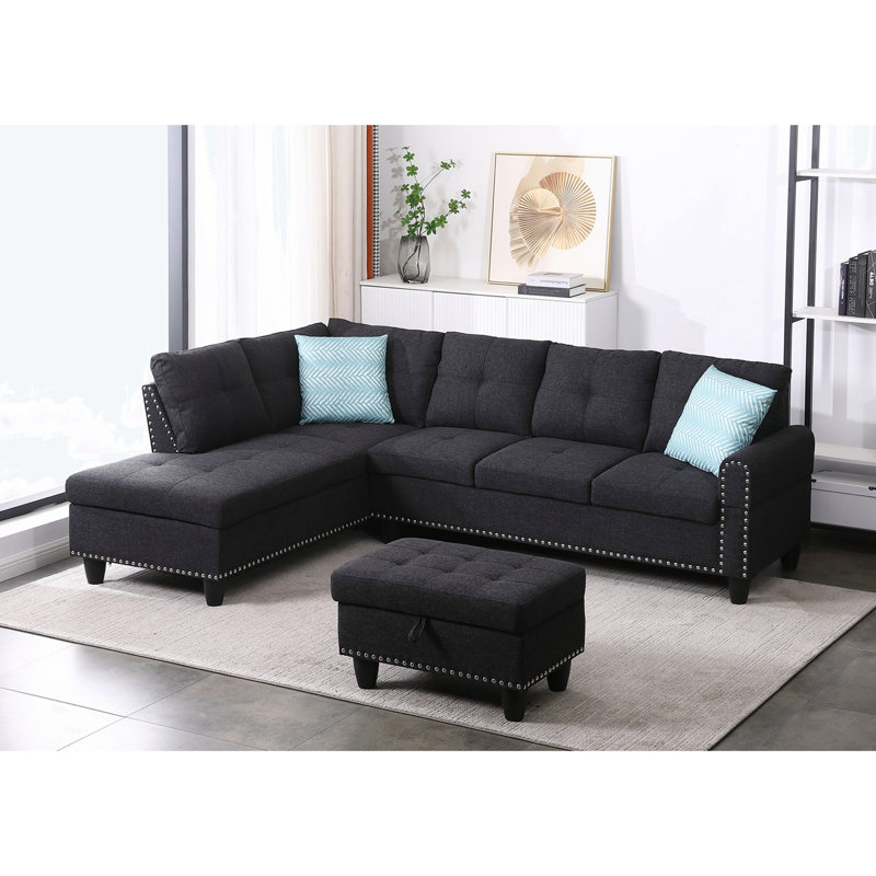 Canapé avec méridienne et repose-pieds de 98 po de large avec repose-pieds, Lin gris anthracite