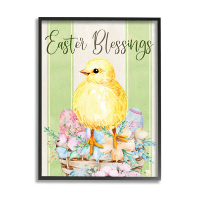 " Easter Blessings Text Striped Yellow Chick Egg Basket " by ND Art