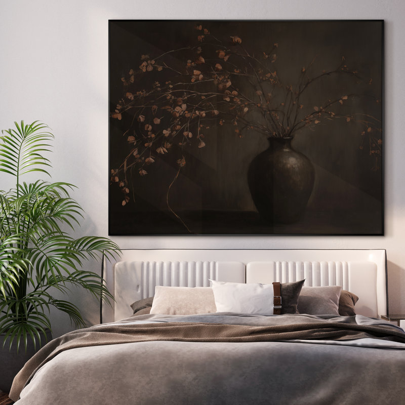 Très grand art mural imprimé sur toile - Nature morte botanique foncée avec vase brun et branches séchées, œuvre d'art pour le salon ou la chambre à coucher