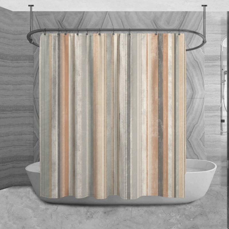 Vertical Stripes Shower Curtain Striped Bath Mat Silver Bathroom Decor, 73" H x 70" W