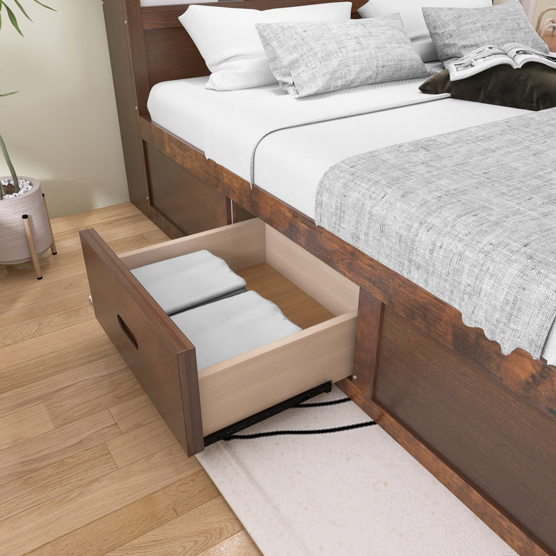 Lit plateforme très grand en bois avec tête de lit multi-rangement, USB et tiroirs, Brown