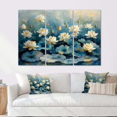 «White Blue Lotus Pond Reflections», ensemble d'art mural lotus