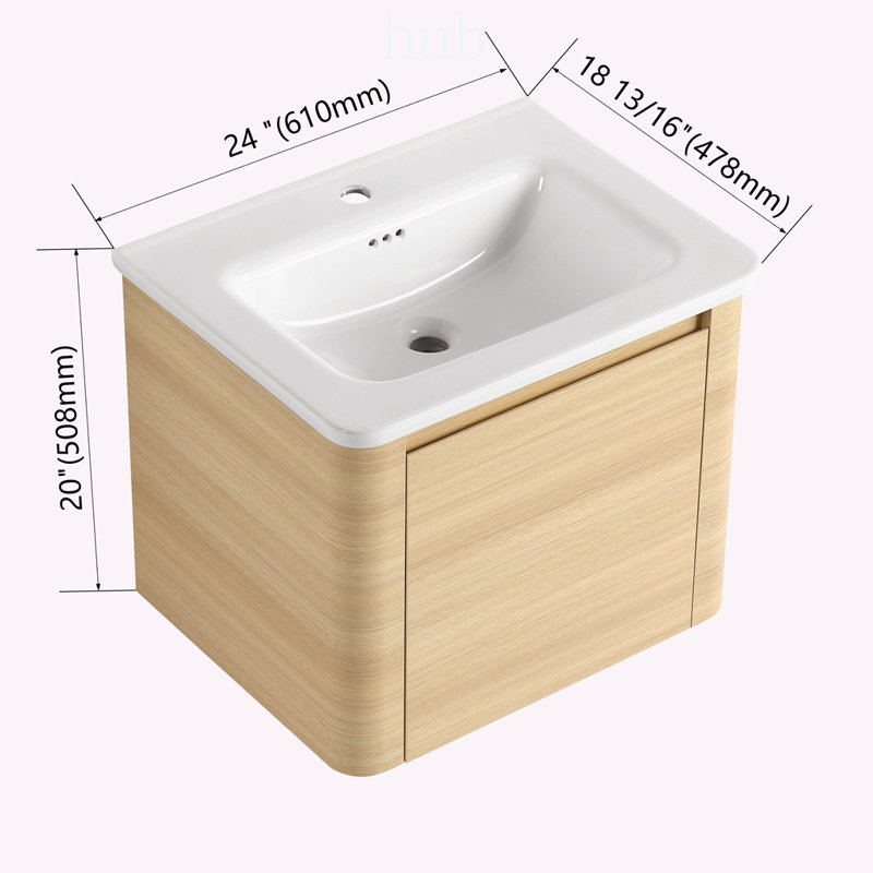 Meuble-lavabo mural de 24 po avec lavabo en céramique, porte à fermeture en douceur et beaucoup de rangement pour les salles de bain modernes
