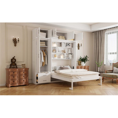 Lit escamotable mural avec armoire supérieure, tablettes et garde-robe, lit pliable peu encombrant