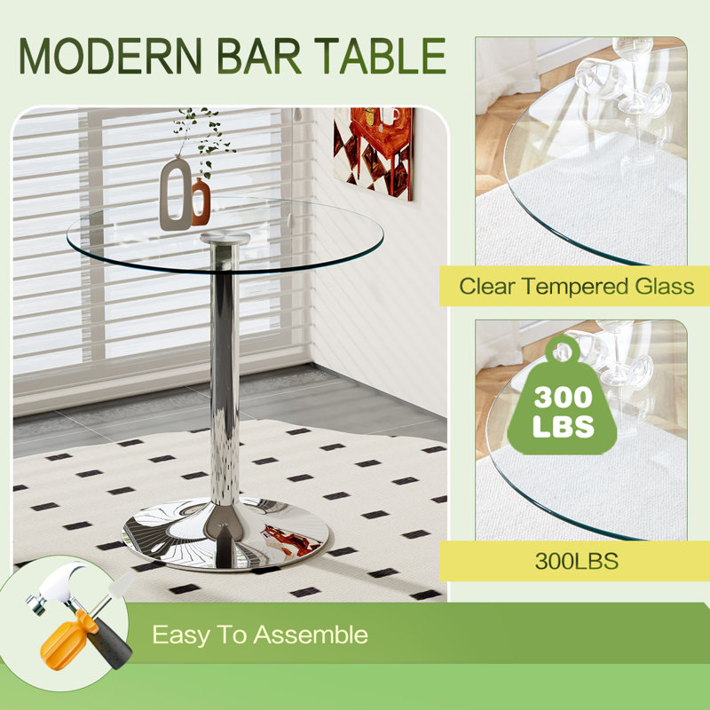 35'' Glass Bar Table, Silver