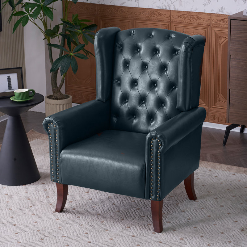 Fauteuil à oreilles Everlynn, Similicuir bleu foncé