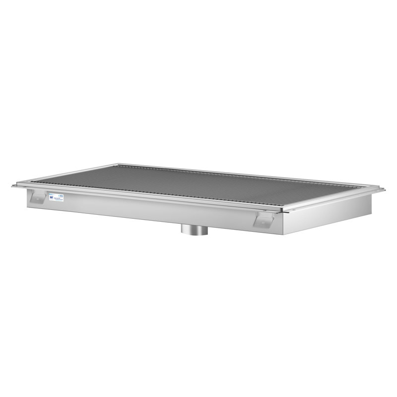 Drain de plancher en acier inoxydable 24 po x 48 po, calibre 14 avec grille de style métro et panier de vidange amovible, homologué NSF (km-ftg-2448)