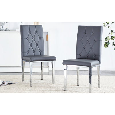 Gray Armless Dining Chairs ( Of 2), Stylish Grid Back With Details, Soft Pu, Metal Leg Setup, Quick Assembly Manual 2 Elegant For Area, Back, Pu Seat, Legs, Simple Procedure