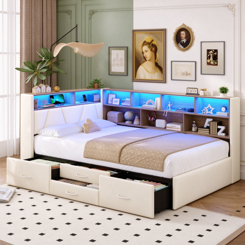 Upholstered Daybed with Storage, Beige