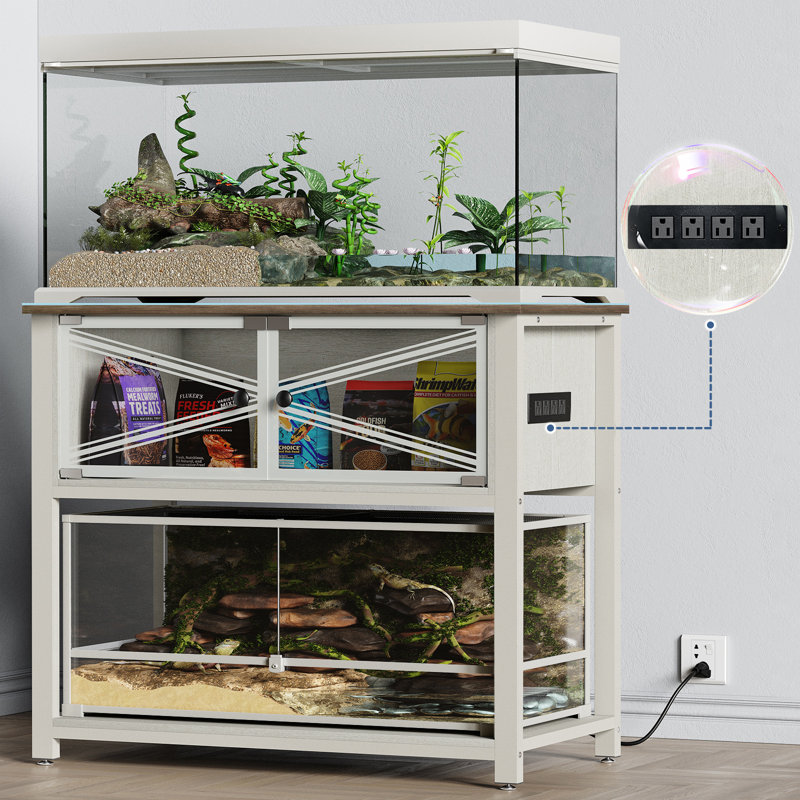 White Heavy Duty Metal Aquarium Stand with Storage Cabinet and LED Light