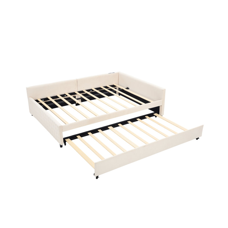 Lit de jour à structure en losange avec lit gigogne, style moderne, pour chambre et chambre d'amis, facile à assembler, revêtement en velours beige, gain de place en angle, construction