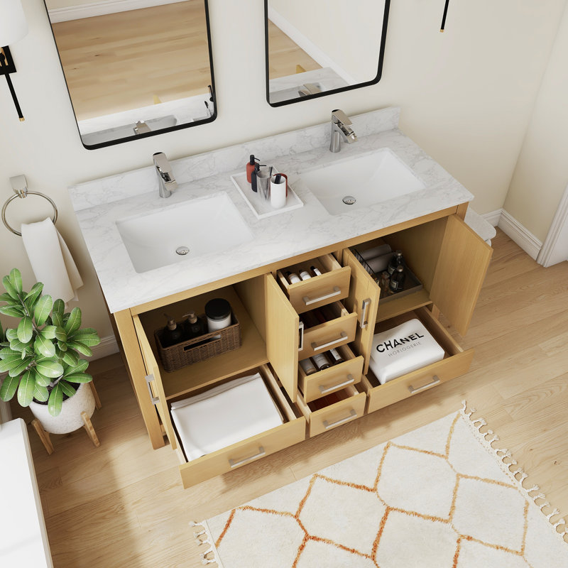 Meuble-lavabo double 55 po avec plateau en granite blanc Riverford, 54"