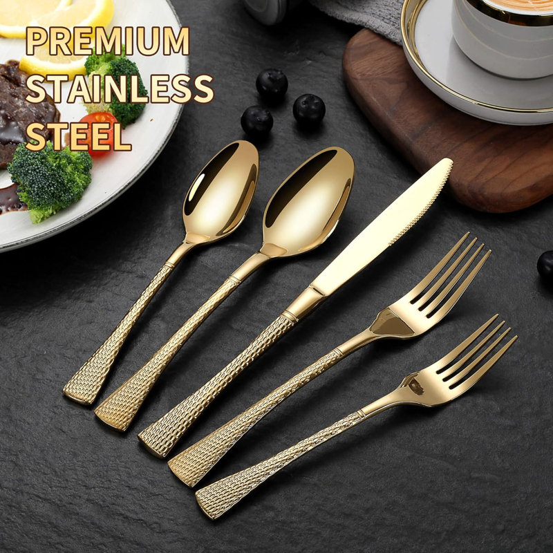 Ensemble de couverts 20 pièces en acier inoxydable martelé pour 4 personnes, ensemble de couverts en argent poli miroir avec poignées antidérapantes, ustensiles de cuisine allant au lave-vaisselle