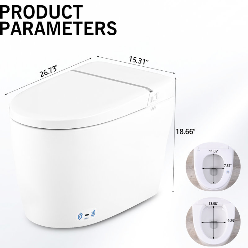 Smart Toilet With Night , Heated Seat, Self-Cleaning Nozzle, Pre-Wet, Side Knob Flush, Auto Flush Bidet Foot Sensor Open Cover, Swing Wash, Silent Slow Down, Soft Close