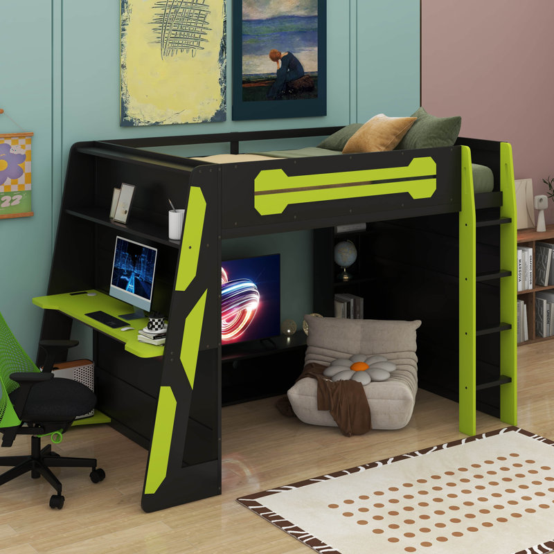 Lit mezzanine double avec bureau, Vert