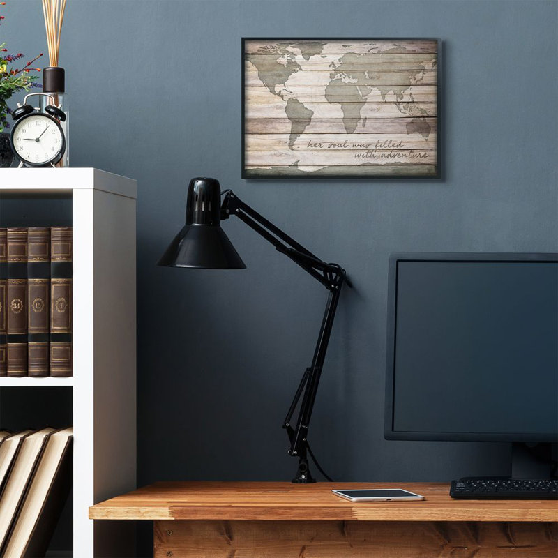 «World Map», reproduction, H 16 po x l 20 po x P 1,5 po, Cadre noir