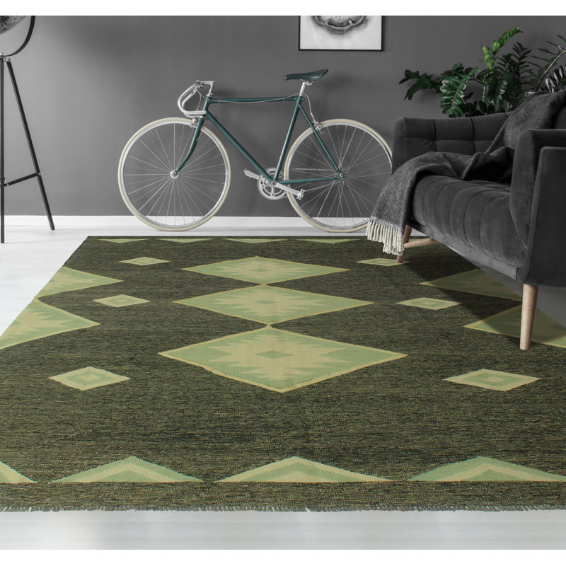 Tapis vert en laine noué à la main de conception unique 8 pi 3 po x 11 pi 2 po Janeire