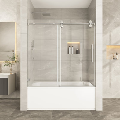 KAVRTON 57"-61" W X 60" H Frameless Shower Door, Single Sliding Shower Door in Brushed Nickel, 3/8"(10mm) SGCC Certified Tempered Clear Glass