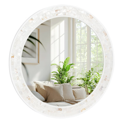 Round Mirror 36 Inch, Mosaic Mirror with Natural Mother of Pearl and Wood Frame