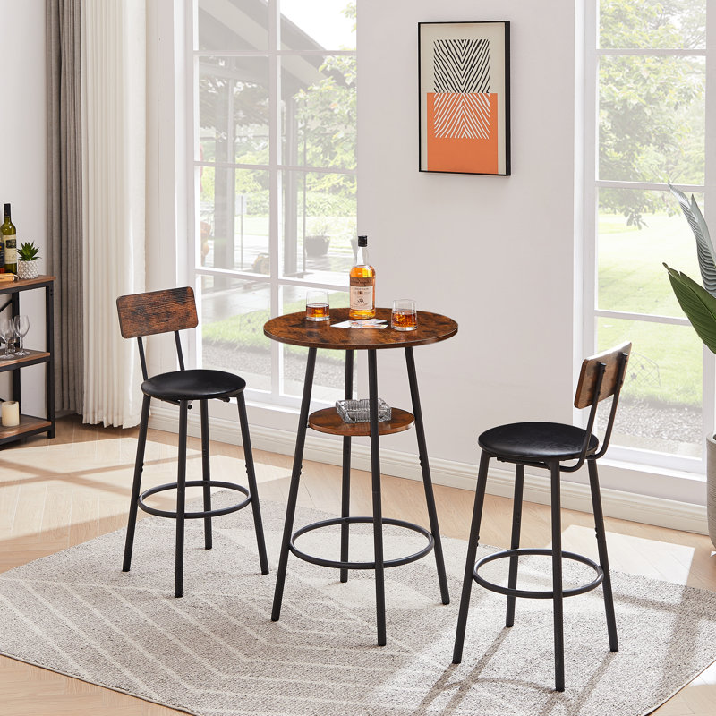 3-Piece Counter Height Round Bar Table Set, Rustic Brown/Black, Brown Duplicate 