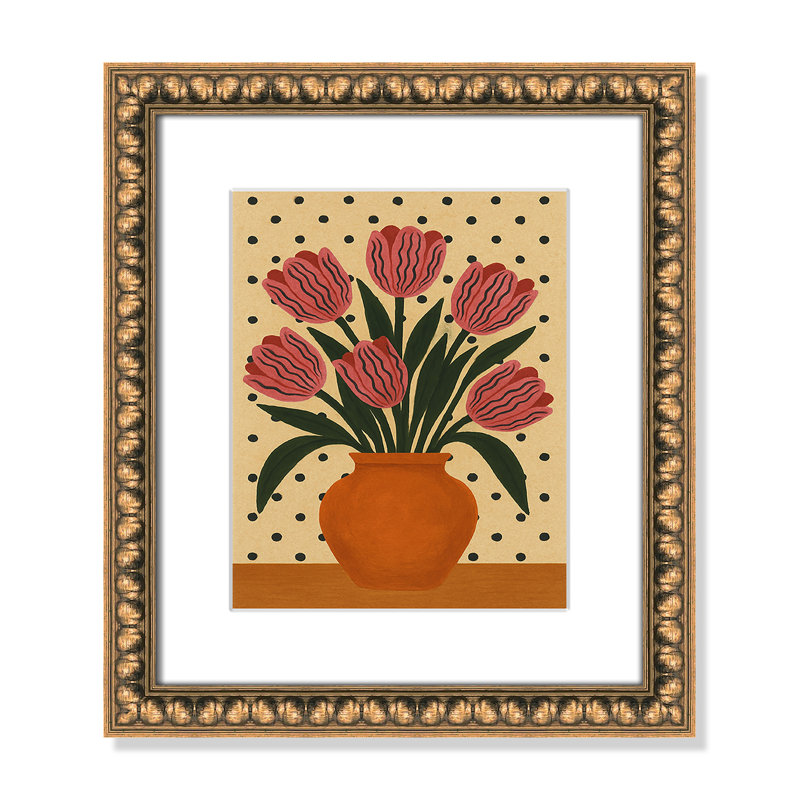 Imprimé de fleurs en pot par Barsrsind, 14'' W x 16'' H, Imprimé mat, Perles de feuilles dorées
