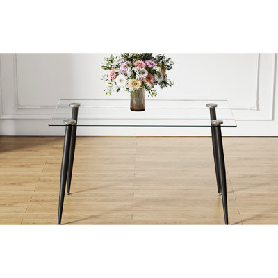 Rectangular Glass Dining Table With Stable Black Metal Legs And Smooth Tempered Top, For 4-6 Persons, Easy Installation, Suits Kitchen & Room Modern Fits 4-6, To Assemble Clean, Different Areas