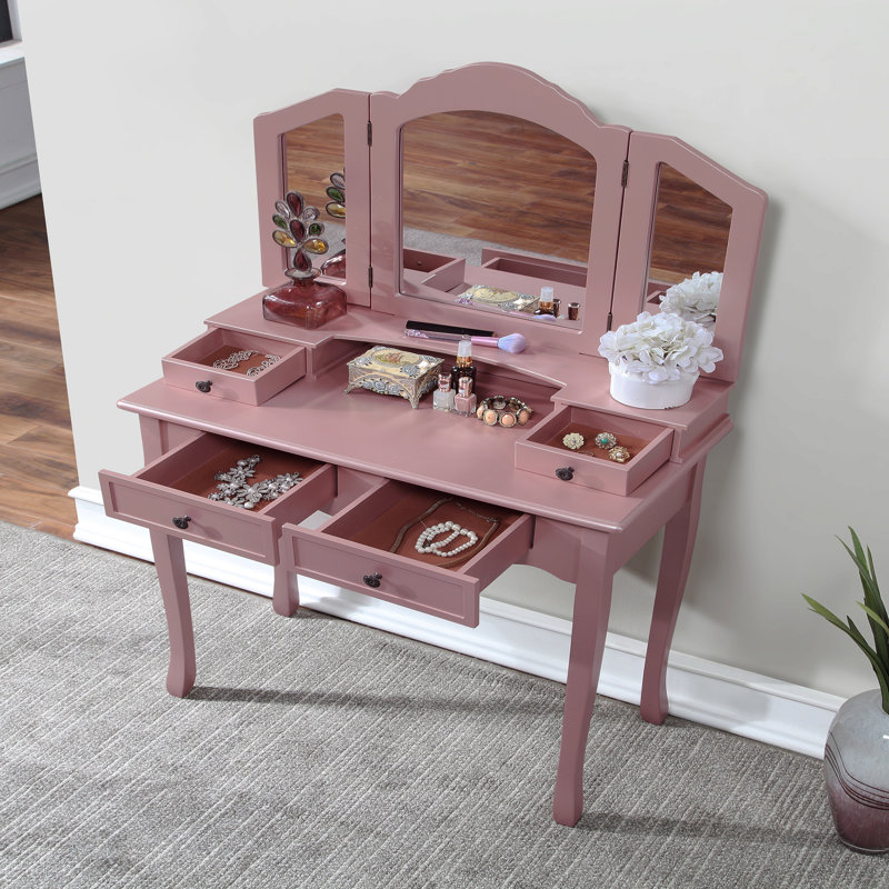 Wooden Vanity Make Up Table And Stool Set, Rose Gold, Rose Gold