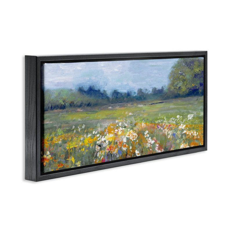 Fleurs de prairie brillantes dans la campagne, Cadre flottant noir de jais, H 11 po x l 25 po