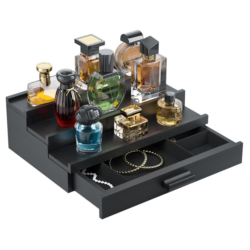Organisateur de parfum et de cobalt, présentoir en bois avec tiroir, 3 niveaux (noir), Black