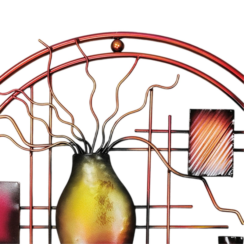 22 Inch Round Metal Wall Decor With Vase, Multicolor