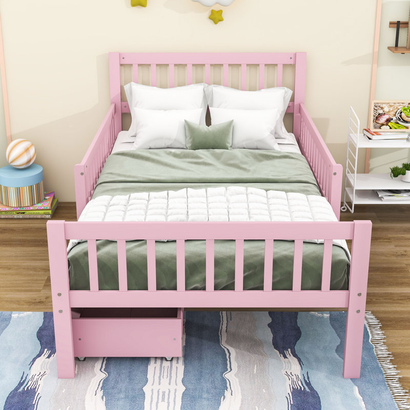 Lit plateforme en bois avec deux tiroirs de rangement et tête de lit Aytan, Rose, Simple