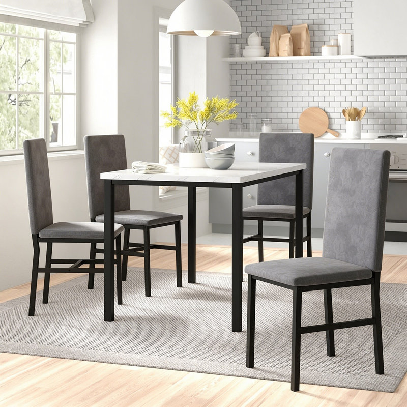 Ensemble repas 5 pièces avec chaises rembourrées en velours Janece, Marble White/Gray Velvet, gris