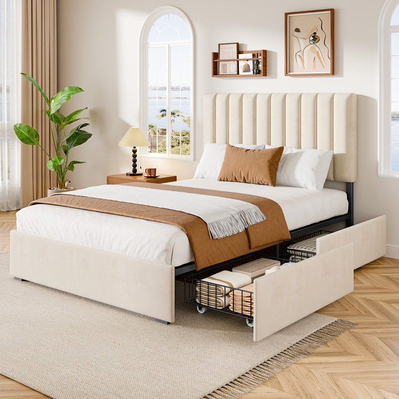 Lit plateforme tapissier en velours avec 4 tiroirs de rangement et tête de lit réglable (beige, double), Lit double, Beige