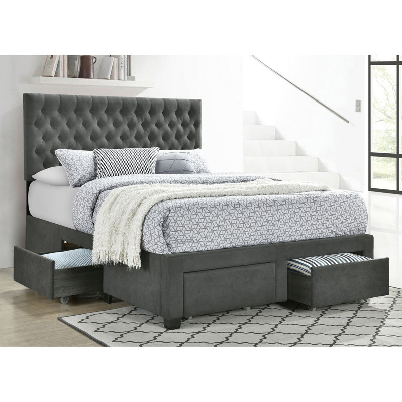 Full Size Grey Upholstered Storage Panel Bed, Soft Charcoal Or Fabric, Button - Headboard, Four Spacious Drawers For Bedroom Essentials Fabric Linens
