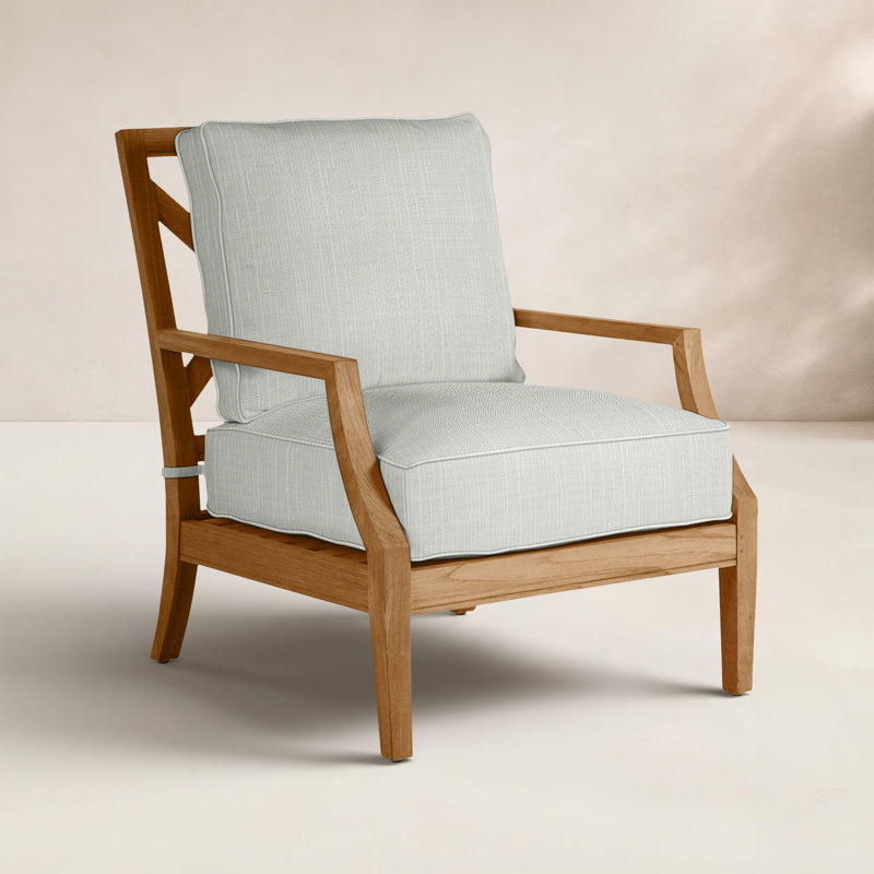 Haley Teak Patio Chair with Cushions, Verona Silver Sunbrella®, Natural Teak, Welt + Standard fill