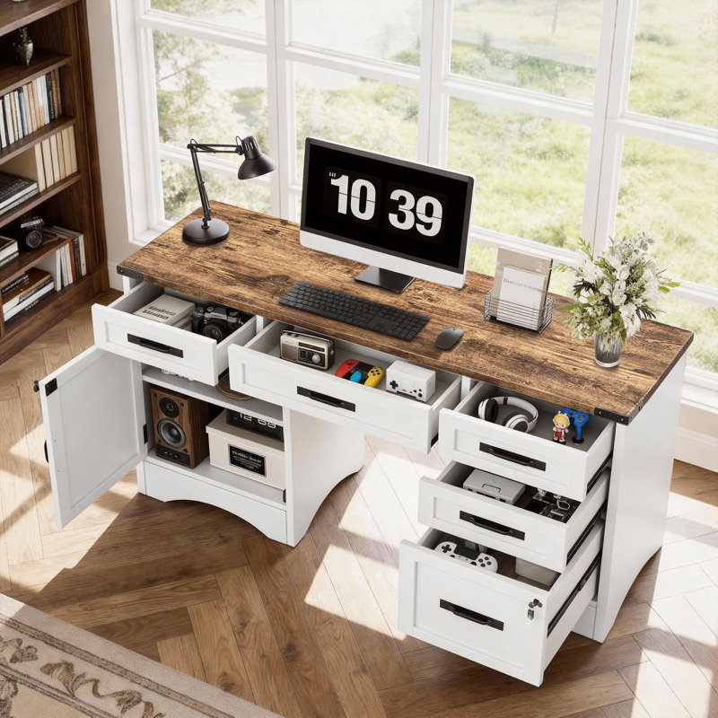 Bureau de direction 55 po avec tiroirs, classeur et prises de courant 55 po, Blanc/brun rustique