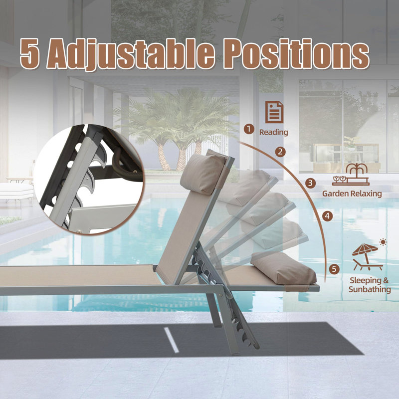 Ensemble de 3 chaises longues de patio, chaises longues de piscine en aluminium avec table d'appoint, fauteuil inclinable d'extérieur réglable