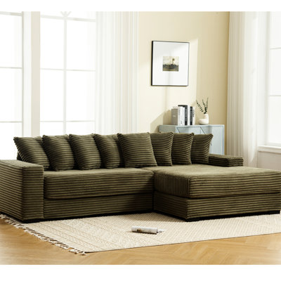 Canapé modulaire en forme de L avec velours côtelé, méridienne droite, 8 coussins, deux repose-pieds surdimensionnés faciles à assembler, revêtement en velours côtelé, assemblage, mobilier de salon