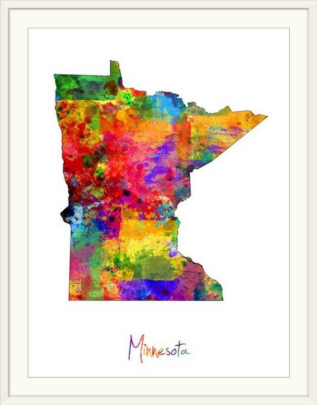 Francy «Minnesota Map» par Abarca, impression, Cadre blanc, H 24 po x l 20 po x P 1 po