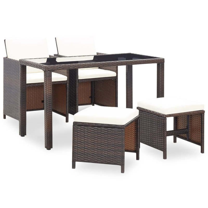 Ensemble de salle à manger Buttram vidaXL, Coussin blanc/ Cadre brun, 5 pièces: table, 2 fauteuils et 2 repose-pieds