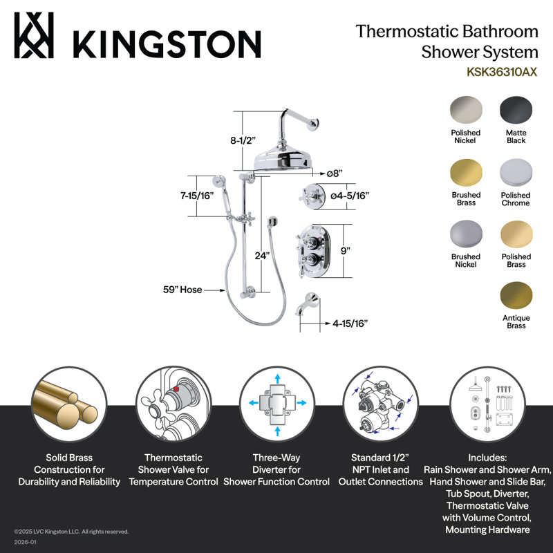 Système de douche et baignoire thermostatique Kingston, Chrome poli