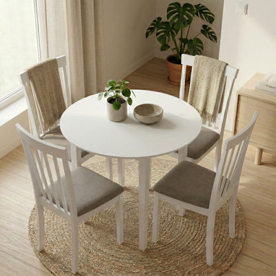 Lite 5 Pieces Round and Solid Dining Set, White 90 cm with 2 Velvet Grey Upholstered Chairs