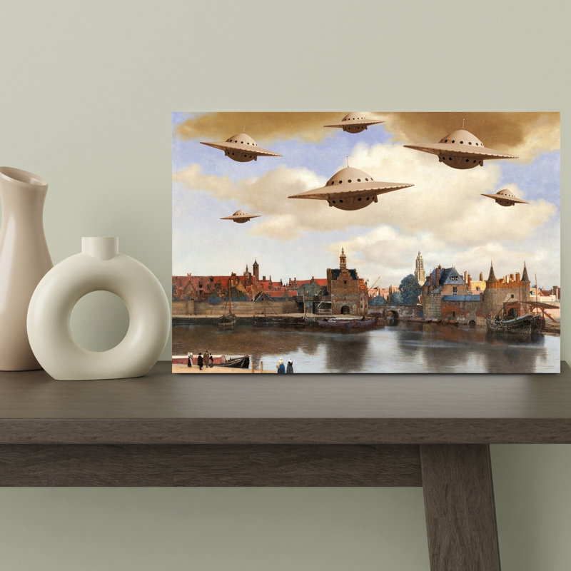 Ufos Over Historic City Classic Retro Surreal City Architecture Wall Art Print by Marja Van Den - Wrapped Canvas Print