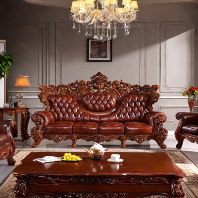 Solid Wood Oak Carved Sofa 118.1'' Leather Sofa