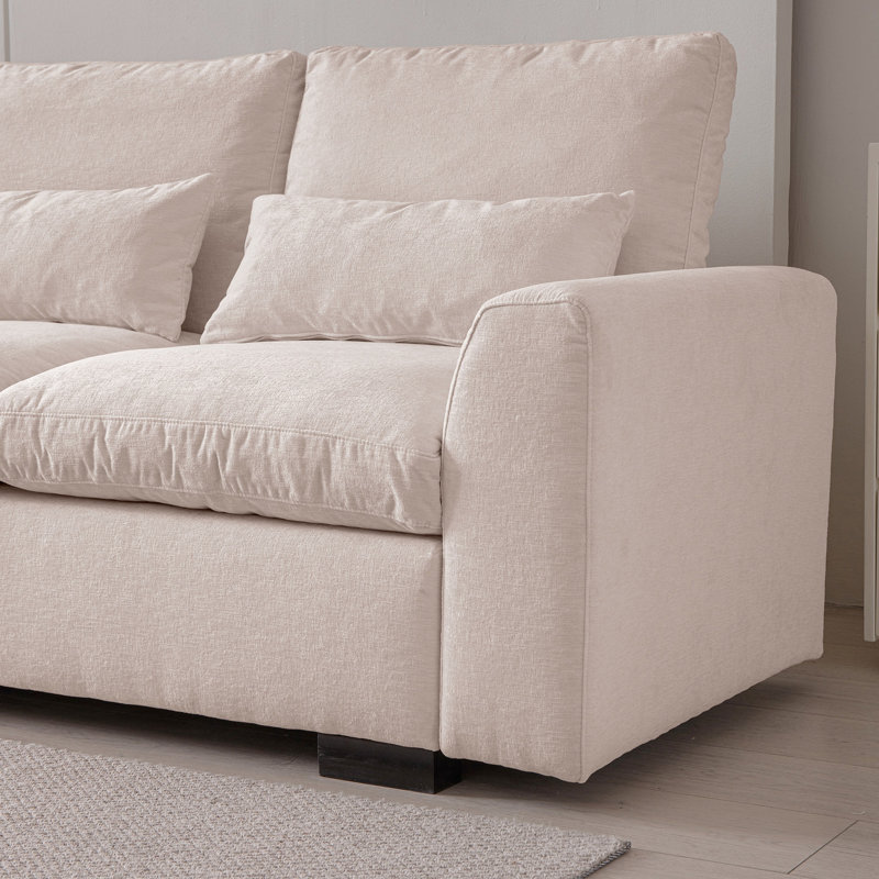 Chenille beige en forme de L de 114,5 po avec bibliothèque, rangement réversible, ports, porte-gobelet, coussins lavables amovibles, salon moderne, coussins,