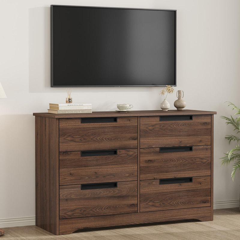 Commode 6 tiroirs pour chambre à coucher, organisateur de commode moderne avec poignées intégrées, commode en bois pour salon, chambre de bébé, couloir - noyer